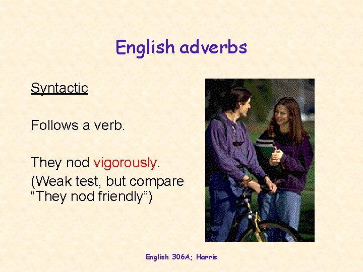 English adverbs Syntactic Follows a verb. They nod vigorously. (Weak test, but compare “They
