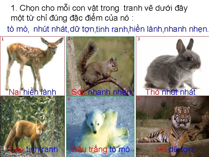 1. Chọn cho mỗi con vật trong tranh vẽ dưới đây một từ chỉ