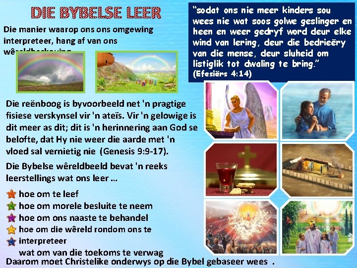 DIE BYBELSE LEER Die manier waarop ons omgewing interpreteer, hang af van ons wêreldbeskouing.