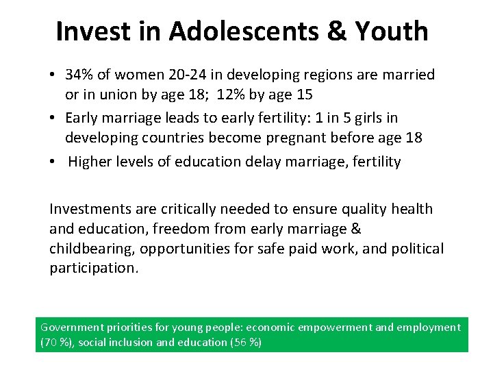 Invest in Adolescents & Youth • 34% of women 20 -24 in developing regions