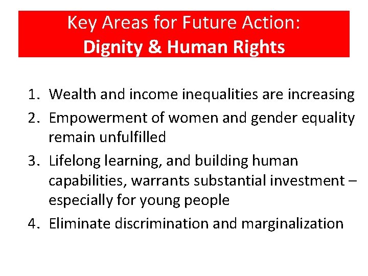 Key Areas for Future Action: Dignity & Human Rights 1. Wealth and income inequalities