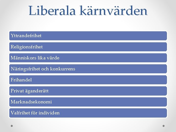 Liberala kärnvärden Yttrandefrihet Religionsfrihet Människors lika värde Näringsfrihet och konkurrens Frihandel Privat äganderätt Marknadsekonomi