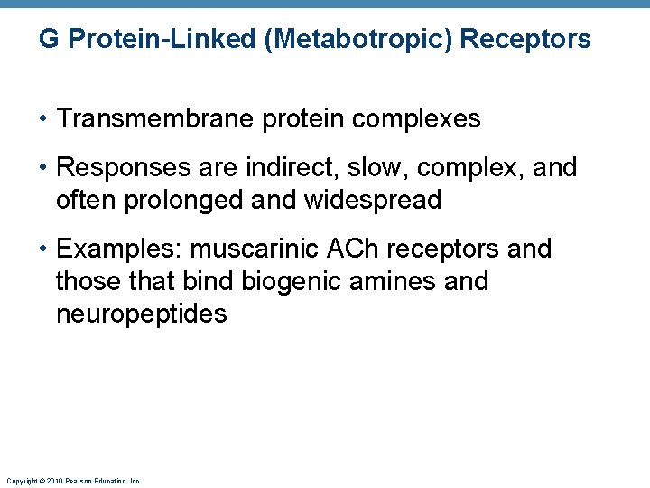 G Protein-Linked (Metabotropic) Receptors • Transmembrane protein complexes • Responses are indirect, slow, complex,