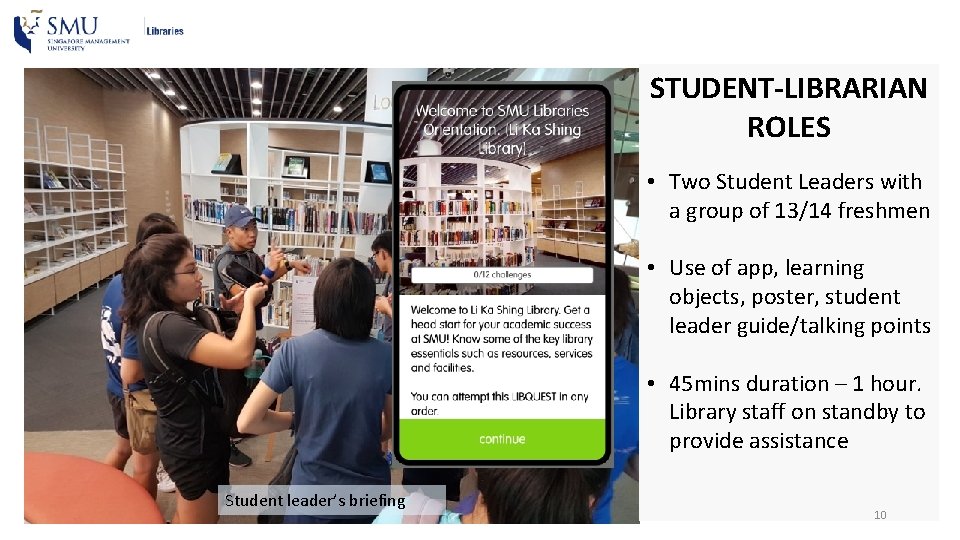 STUDENT-LIBRARIAN ROLES • Two Student Leaders with a group of 13/14 freshmen • Use
