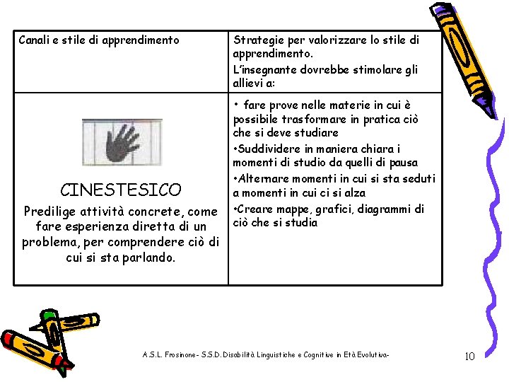 Canali e stile di apprendimento Strategie per valorizzare lo stile di apprendimento. L’insegnante dovrebbe