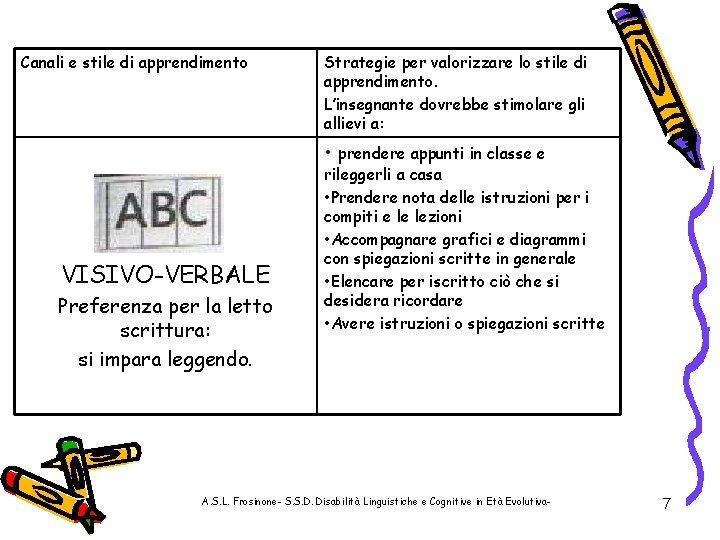 Canali e stile di apprendimento Strategie per valorizzare lo stile di apprendimento. L’insegnante dovrebbe