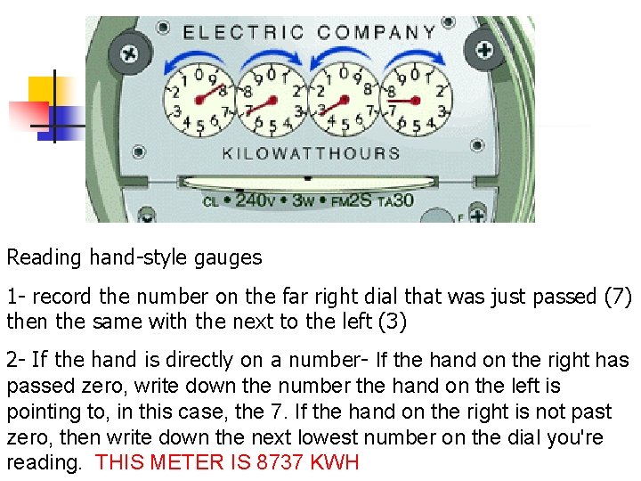 Reading hand-style gauges 1 - record the number on the far right dial that