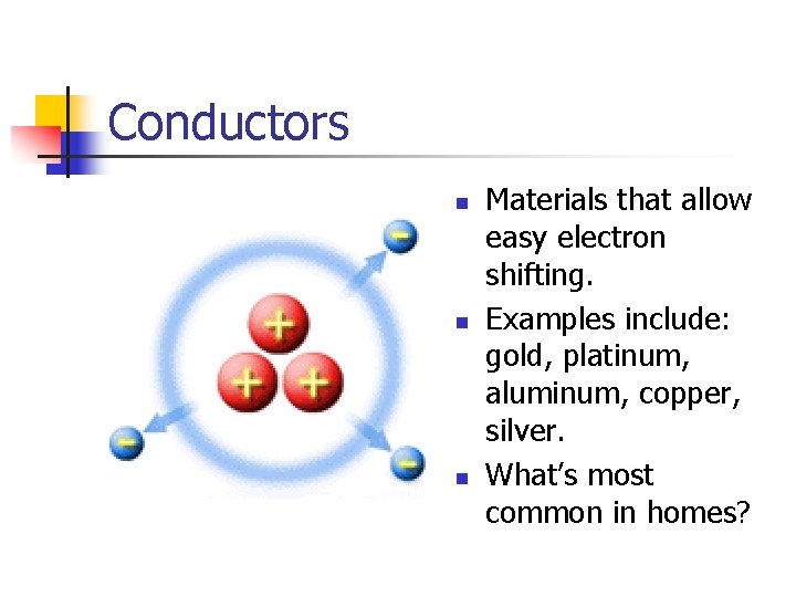 Conductors n n n Materials that allow easy electron shifting. Examples include: gold, platinum,