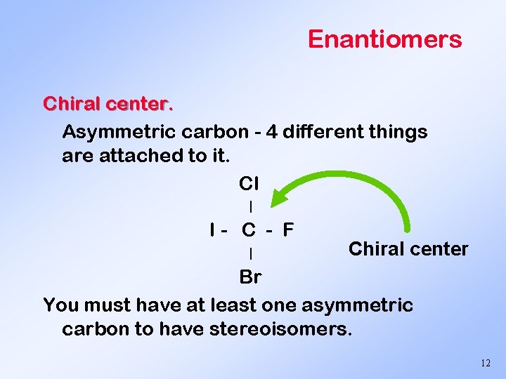 Enantiomers Chiral center. Asymmetric carbon - 4 different things are attached to it. Cl