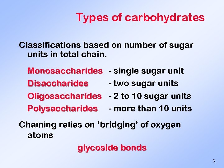 Types of carbohydrates Classifications based on number of sugar units in total chain. Monosaccharides