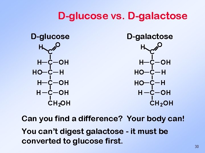 D-glucose vs. D-galactose D-glucose H C O D-galactose H C OH HO C H