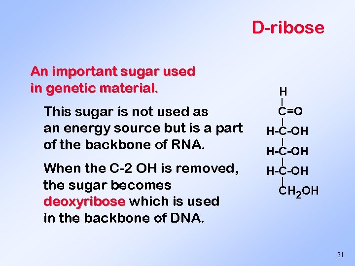 D-ribose An important sugar used in genetic material. This sugar is not used as