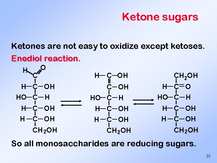 Ketone sugars Ketones are not easy to oxidize except ketoses. Enediol reaction. H C