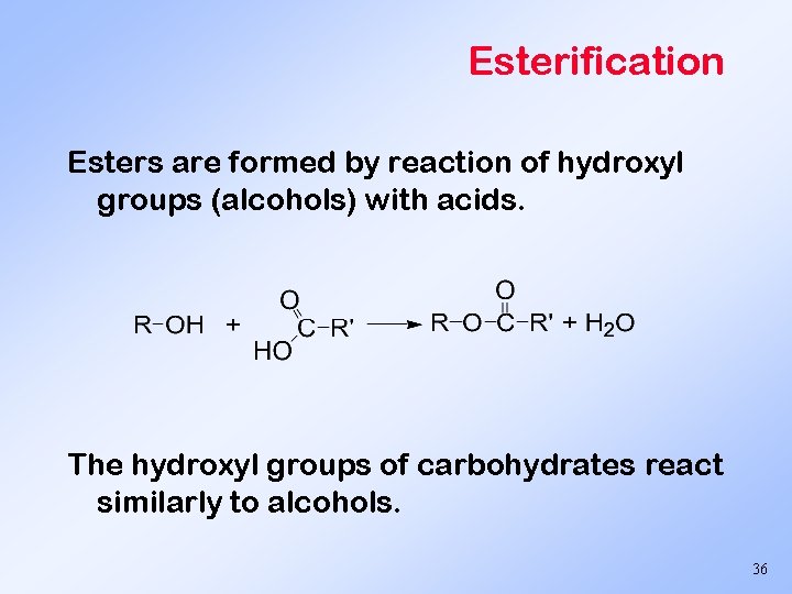 Esterification Esters are formed by reaction of hydroxyl groups (alcohols) with acids. The hydroxyl