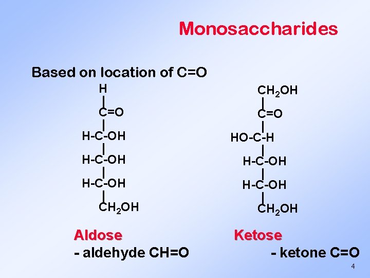Monosaccharides Based on location of C=O H | C=O | H-C-OH | CH 2