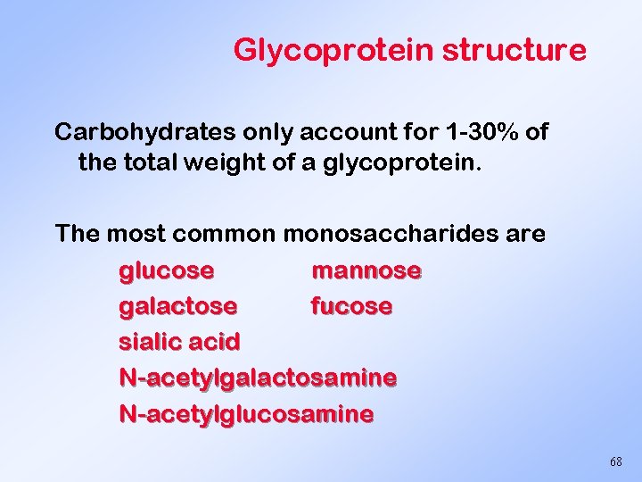 Glycoprotein structure Carbohydrates only account for 1 -30% of the total weight of a