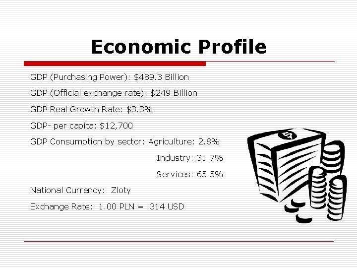 Economic Profile GDP (Purchasing Power): $489. 3 Billion GDP (Official exchange rate): $249 Billion