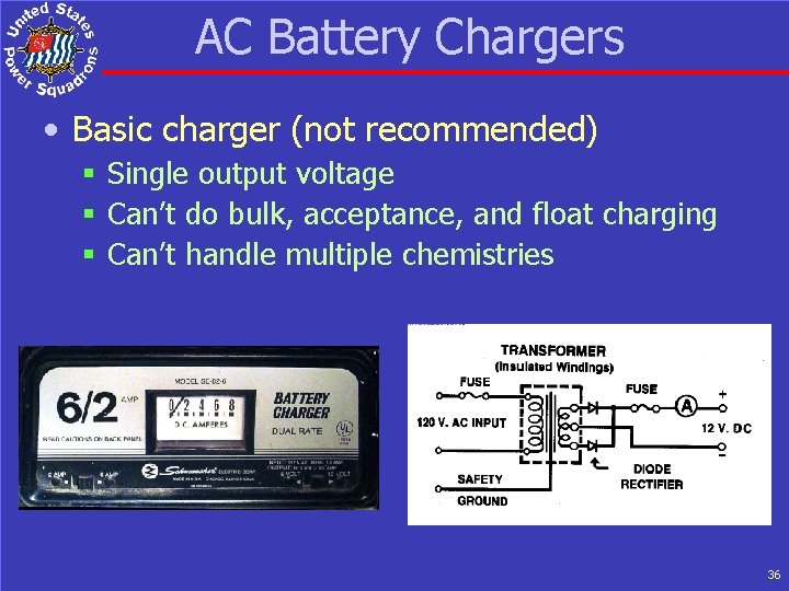 AC Battery Chargers • Basic charger (not recommended) § Single output voltage § Can’t