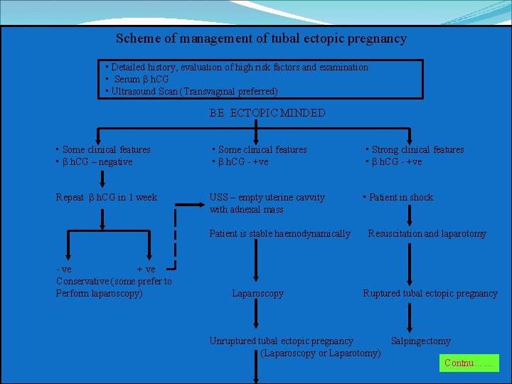 Scheme of management of tubal ectopic pregnancy • Detailed history, evaluation of high risk