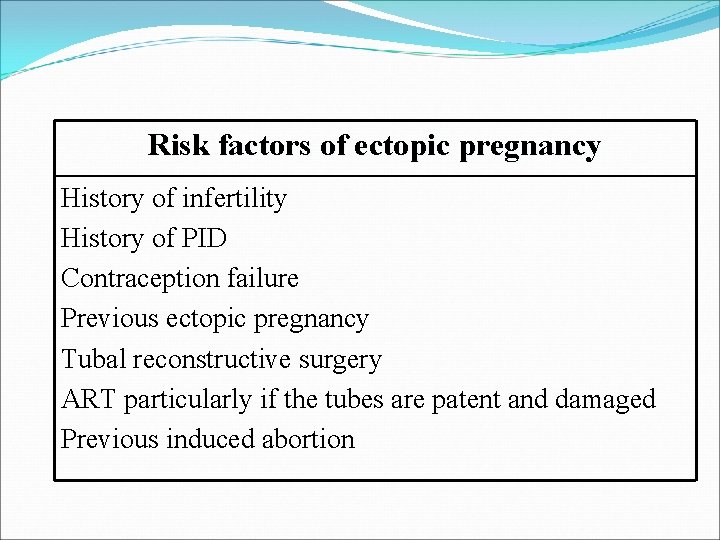 Risk factors of ectopic pregnancy History of infertility History of PID Contraception failure Previous