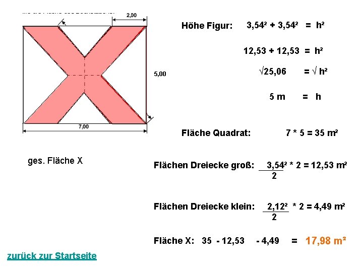 3, 54² + 3, 54² = h² Höhe Figur: 12, 53 + 12, 53