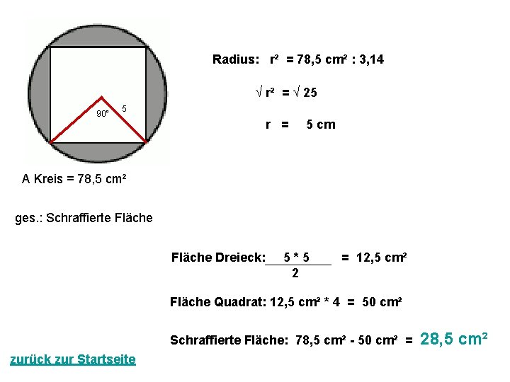 Radius: r² = 78, 5 cm² : 3, 14 √ r² = √ 25