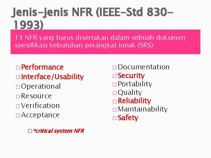 Jenis-jenis NFR (IEEE-Std 8301993) 13 NFR yang harus disertakan dalam sebuah dokumen spesifikasi kebutuhan