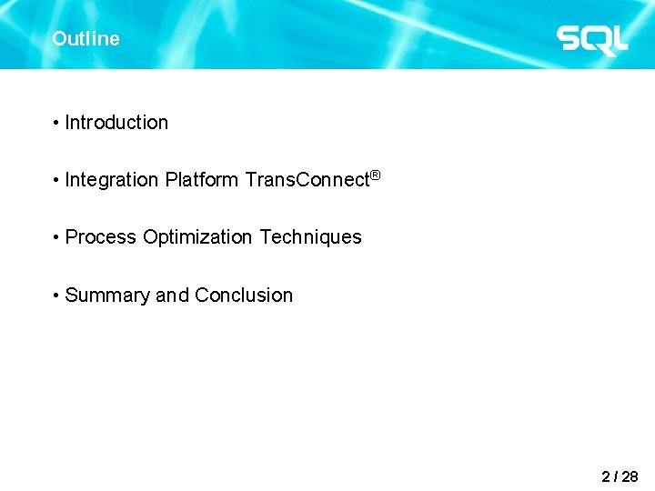 Outline • Introduction • Integration Platform Trans. Connect® • Process Optimization Techniques • Summary