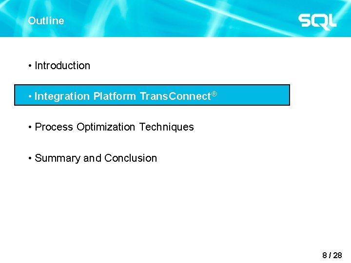 Outline • Introduction • Integration Platform Trans. Connect® • Process Optimization Techniques • Summary
