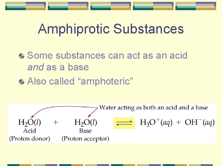Amphiprotic Substances Some substances can act as an acid and as a base Also