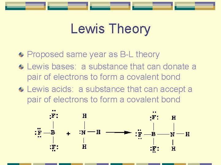 Lewis Theory Proposed same year as B-L theory Lewis bases: a substance that can