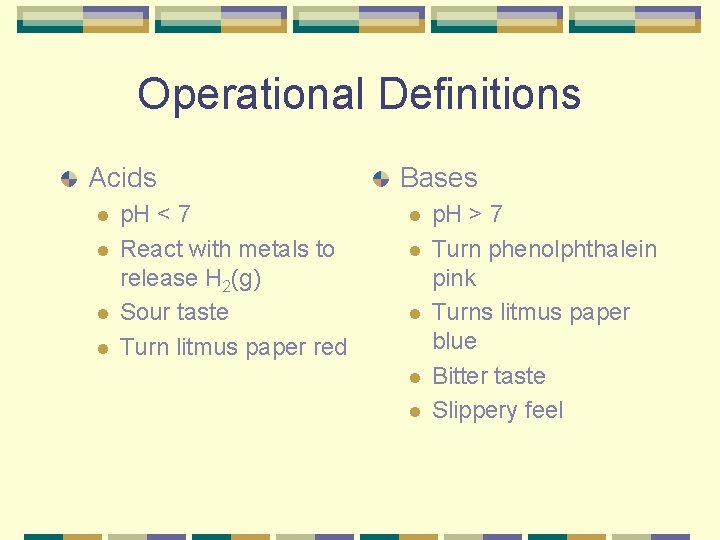 Operational Definitions Acids l l p. H < 7 React with metals to release
