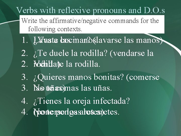 Verbs with reflexive pronouns and D. O. s Write the affirmative/negative commands for the