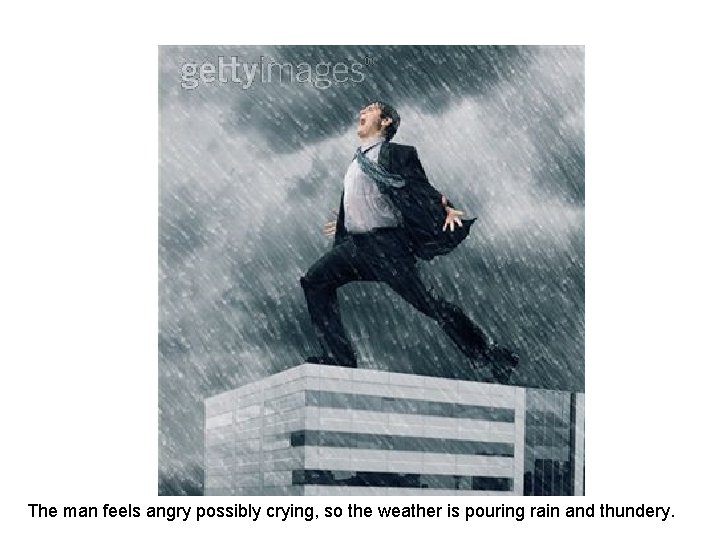 The man feels angry possibly crying, so the weather is pouring rain and thundery.