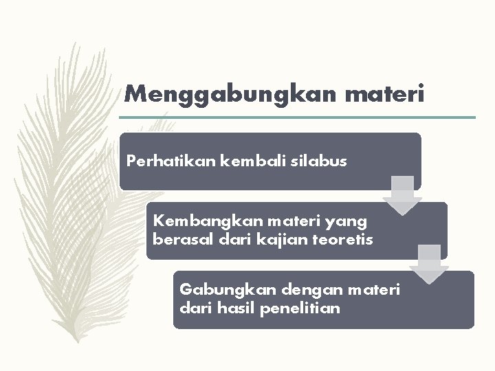 Menggabungkan materi Perhatikan kembali silabus Kembangkan materi yang berasal dari kajian teoretis Gabungkan dengan