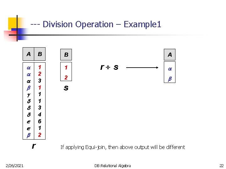--- Division Operation – Example 1 A B B 1 2 3 1 1 --- Division Operation – Example 1 A B B 1 2 3 1 1