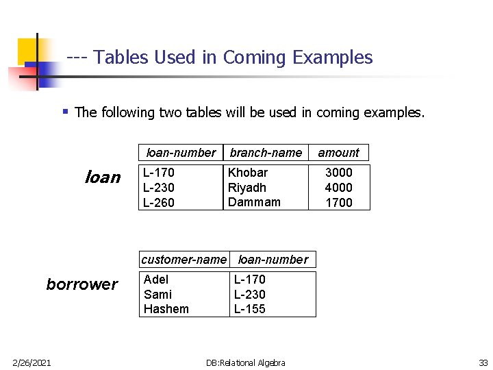 --- Tables Used in Coming Examples § The following two tables will be used --- Tables Used in Coming Examples § The following two tables will be used