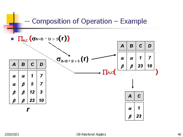 -- Composition of Operation – Example n A, C ( A=B ^ D > -- Composition of Operation – Example n A, C ( A=B ^ D >