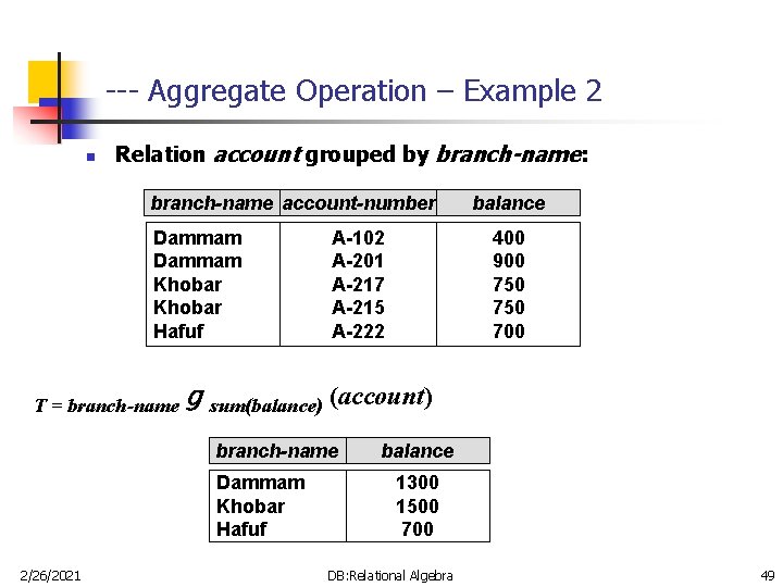 --- Aggregate Operation – Example 2 n Relation account grouped by branch-name: branch-name account-number