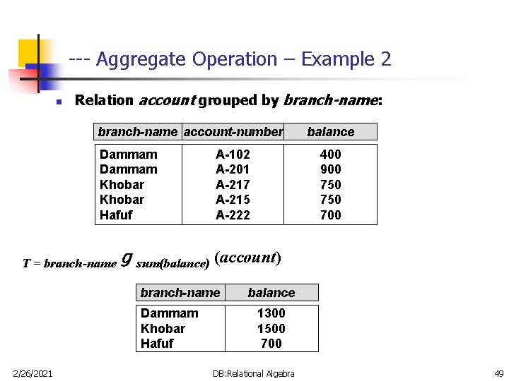--- Aggregate Operation – Example 2 n Relation account grouped by branch-name: branch-name account-number --- Aggregate Operation – Example 2 n Relation account grouped by branch-name: branch-name account-number