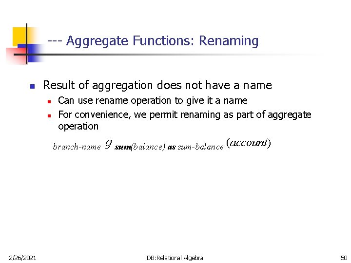 --- Aggregate Functions: Renaming n Result of aggregation does not have a name n --- Aggregate Functions: Renaming n Result of aggregation does not have a name n