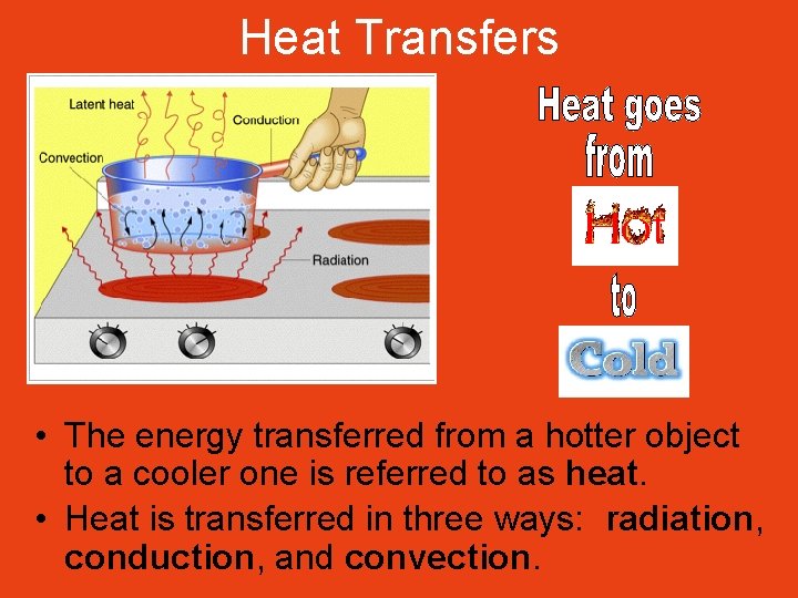Heat Transfers • The energy transferred from a hotter object to a cooler one