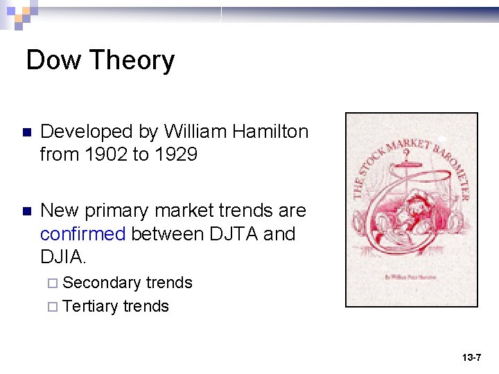 Dow Theory n Developed by William Hamilton from 1902 to 1929 n New primary