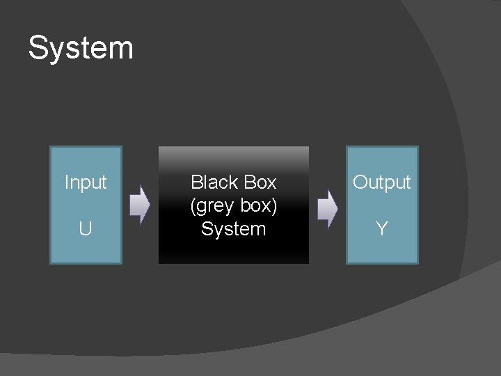 System Input U Black Box (grey box) System Output Y 