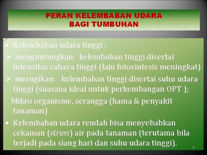 PERAN KELEMBABAN UDARA BAGI TUMBUHAN • Kelembaban udara tinggi : Ø menguntungkan: kelembaban tinggi