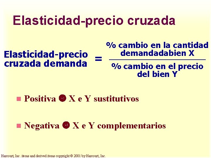 Elasticidad-precio cruzada % cambio en la cantidad demandadabien X Elasticidad-precio = cruzada demanda %