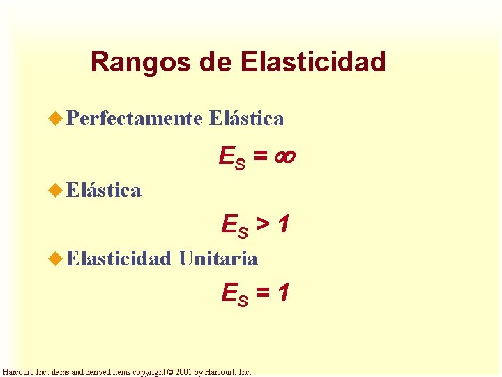 Rangos de Elasticidad u Perfectamente Elástica ES = ¥ u Elástica ES > 1