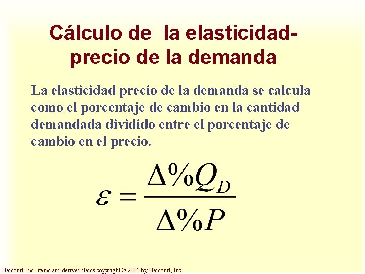 Cálculo de la elasticidadprecio de la demanda La elasticidad precio de la demanda se