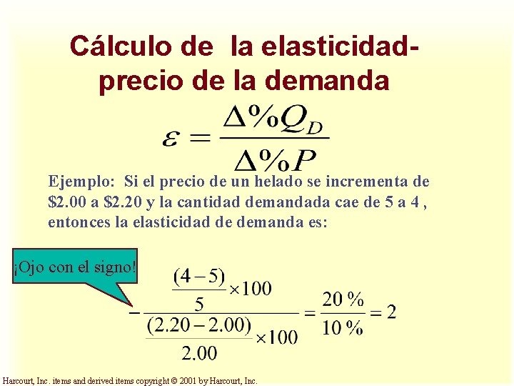 Cálculo de la elasticidadprecio de la demanda Ejemplo: Si el precio de un helado