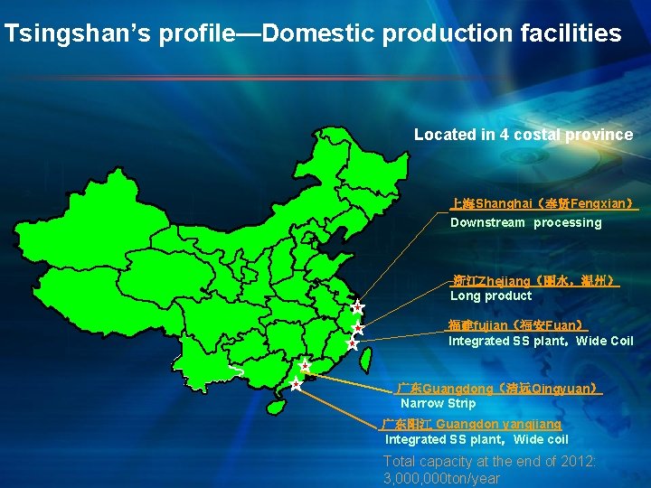 Tsingshan’s profile—Domestic production facilities Located in 4 costal province 上海Shanghai（奉贤Fengxian） Downstream processing 浙江Zhejiang（丽水，温州） Long